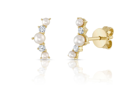 A pair of Shy Creation diamond and pearl earrings, available at Exclusively Diamonds.