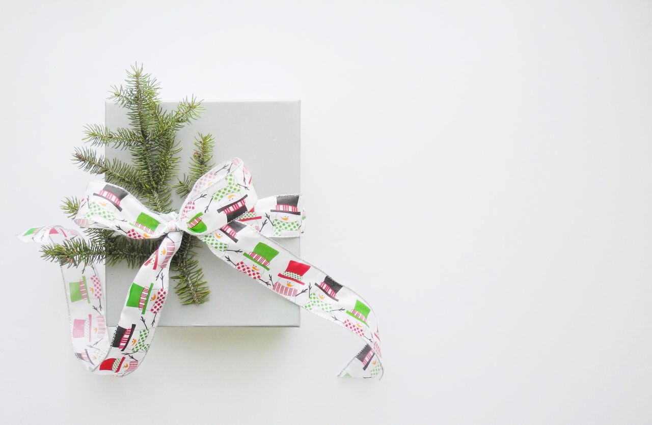 A close-up of a charming Christmas gift, adorned with a pine sprig and festive ribbon.