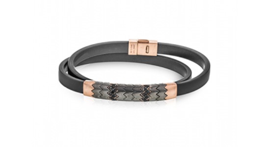 a black leather double wrap bracelet with rose gold details