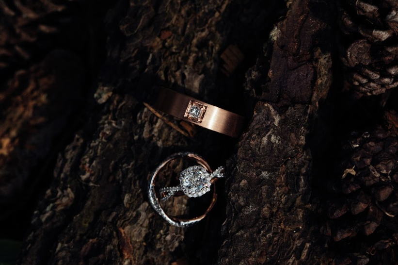 A pair of wedding rings—one with a sparkling halo diamond and the other a sleek band—resting on rugged tree bark