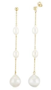 Gold and pearl drop earrings that will graze the shoulders when worn