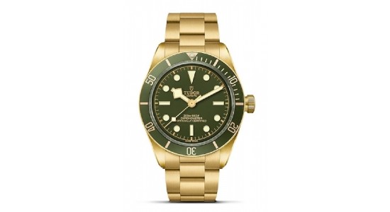 a yellow gold watch with a green dial and bezel, available at Exclusively Diamonds.