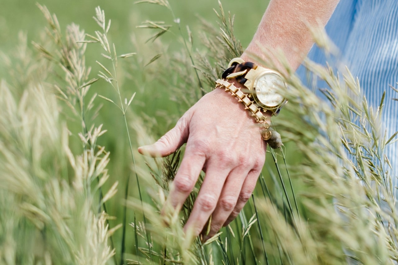 A close-up of a person’s hand brushing against tall grass, wearing an elegant gold watch and chain bracelet.